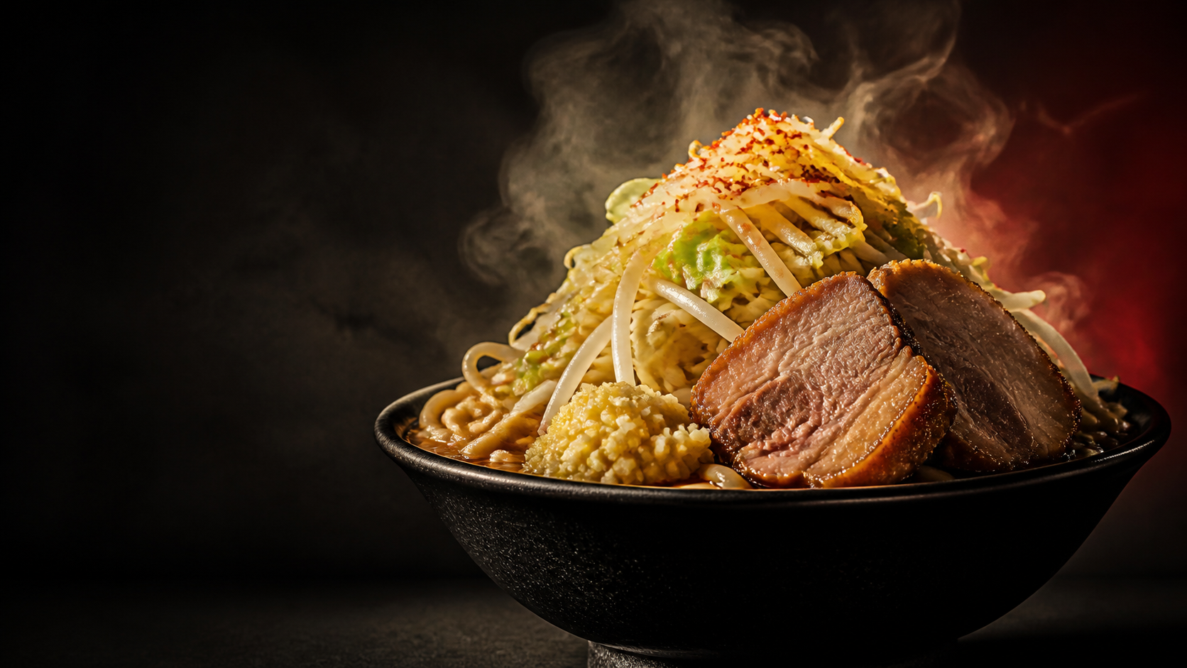 たっぷりの野菜と豚を盛り付けたラーメンのブランドイメージ